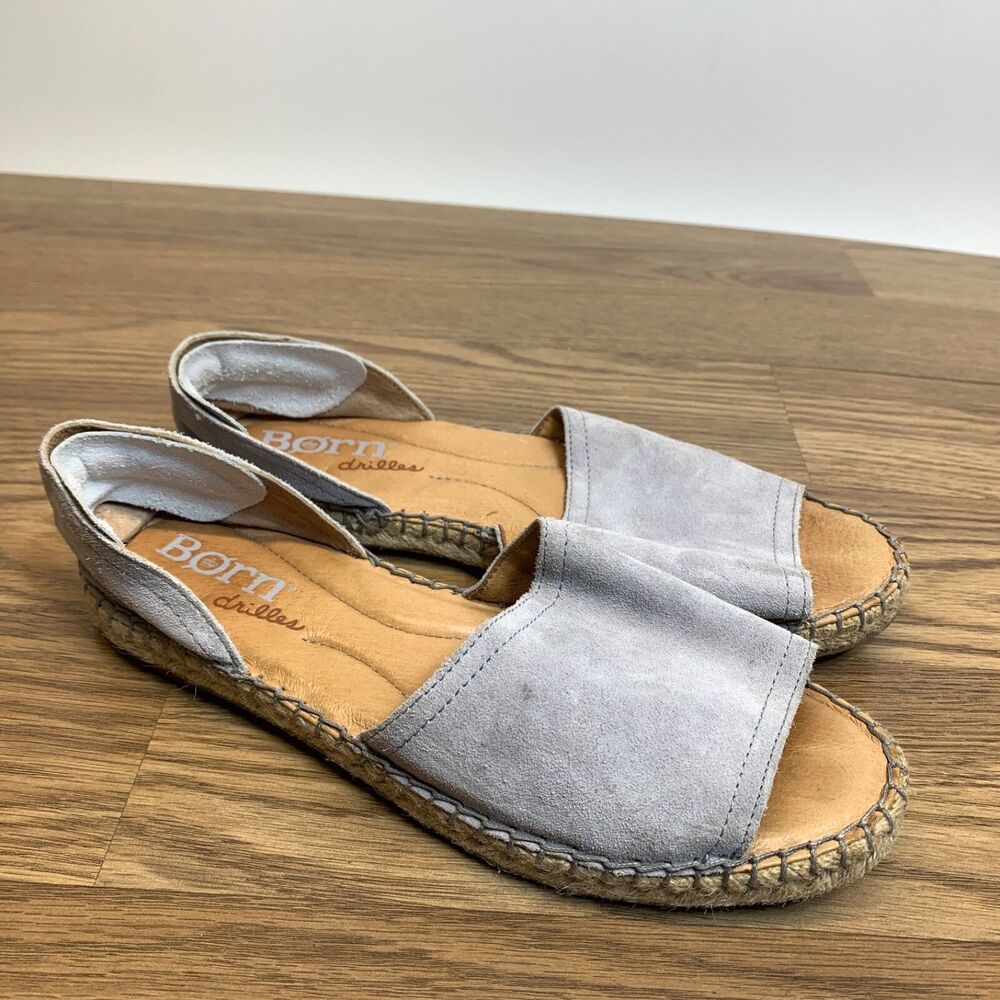 Born "Drilles" Born Espadrilles Sandals Open Toe‎ Flats Gray Suede F78622 Sz 8M